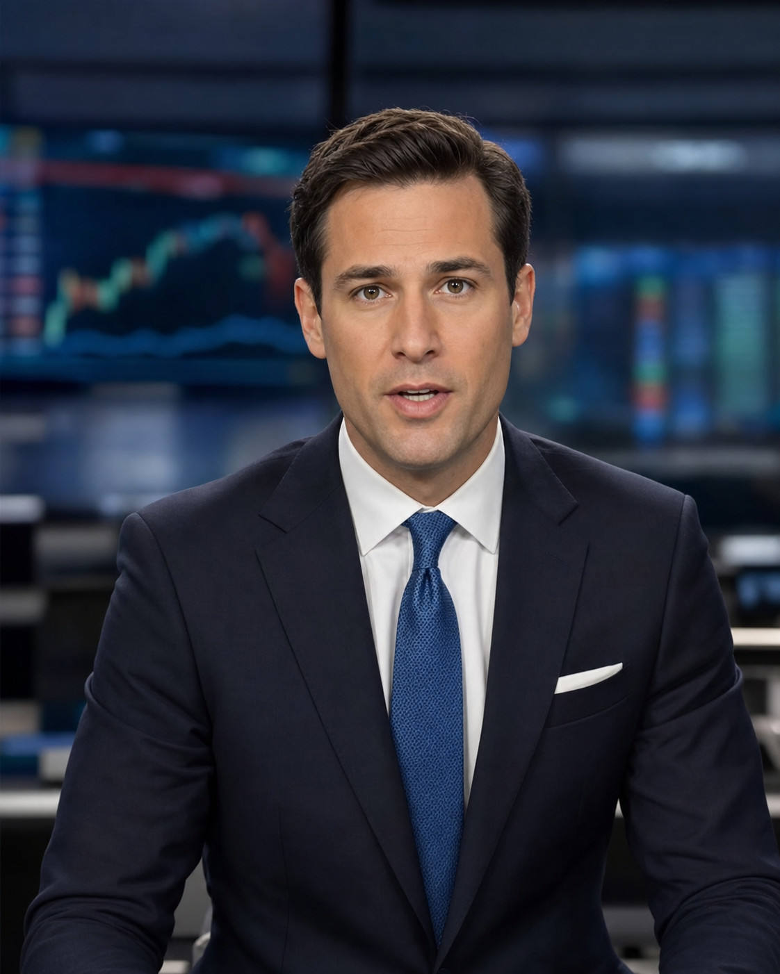 Human news anchor presenting MarketsMind market updates